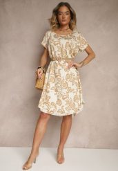 Beżowa Sukienka z Wiskozy z Kwiatowym Wzorem w Ornamentalnym Stylu Tosmina. Brązowe sukienki damskie Renee, bez wzorów, z materiału, eleganckie, bez ramiączek. W wyprzedaży za 55.99 zł.