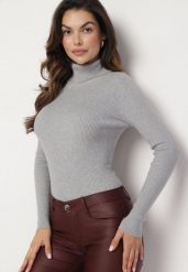 Szary Golf Klasyczny z Prążkowanego Materiału Eridaria. Szare golfy damskie Born2be, m, z aplikacjami, z jeansu, bez ramiączek. Za 39.99 zł.