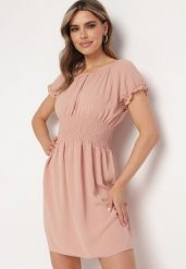 Ciemnoróżowa Rozkloszowana Sukienka Typu Hiszpanka z Gumką w Pasie Tiadella. Czerwone sukienki damskie Born2be, bez wzorów, eleganckie, bez ramiączek. Za 79.99 zł.