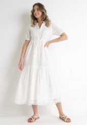 Biała Haftowana Sukienka Maxi ze Ściągaczem w Talii Erlina. Białe sukienki damskie Born2be, bez wzorów, z tkaniny, bez ramiączek. Za 299.99 zł.