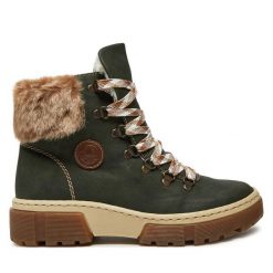 Trzewiki Rieker. Zielone botki damskie Rieker, bez obcasa, na płaskiej podeszwie, bez zapięcia. Za 295.00 zł.