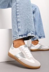 Biało-Srebrne Sneakersy Tenisówki o Klasycznym Fasonie Do Kostki Satrama. Białe obuwie sportowe damskie Born2be, na lato, z jeansu, bez zapięcia, tenisowe. Za 79.99 zł.