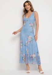 Niebieska Siateczkowa Sukienka z Kwiatowym Motywem Milanessa. Niebieskie sukienki damskie Born2be, z aplikacjami, z jeansu, eleganckie, bez ramiączek. W wyprzedaży za 93.49 zł.