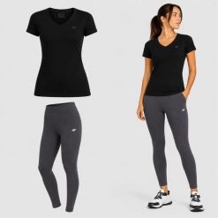 KOMPLET DAMSKI 4F T-SHIRT + LEGGINSY ZESTAW SPORTOWY NA CO DZIEŃ S SS26. Niebieskie legginsy damskie 4F, s, bez wzorów, z bawełny, na fitness i siłownię. Za 119.98 zł.