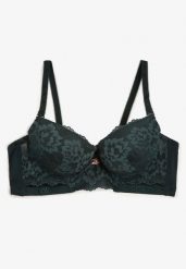 Ciemnozielony Biustonosz Push-Up Ozdobiony Koronką i Napisami z Cekinami Elisei. Zielone biustonosze Renee, bez wzorów, z koronki. Za 44.99 zł.