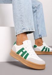 Biało-Zielone Sneakersy na Grubej Podeszwie z Kontrastowymi Przeszyciami Mialunae. Białe obuwie sportowe damskie Born2be, z materiału, bez zapięcia. Za 99.99 zł.
