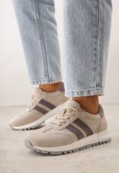 Jasnobeżowe Zamszowe Sneakersy Ozdobione Perforacją i Paskami Semielle. Brązowe obuwie sportowe damskie Born2be, z zamszu, bez zapięcia, trekkingowe. Za 179.99 zł.