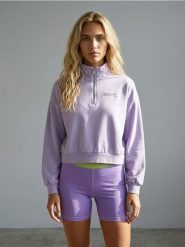 Bluza half-zip z haftowanym napisem z bawełną - fioletowy. Fioletowe bluzy damskie Sinsay, l, bez wzorów, z bawełny, bez kaptura. Za 49.99 zł.