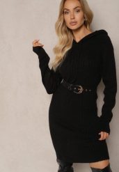 Czarna Sukienka Sweterkowa z Kapturem Ozdobiona Sznurkami Ittilina. Czarne sukienki damskie Renee, bez wzorów, z jeansu, bez ramiączek. Za 79.99 zł.