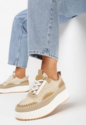 Ciemnobeżowe Sneakersy na Platformie z Tweedową Wstawką Nanelwi. Brązowe obuwie sportowe damskie Born2be, bez zapięcia. Za 119.99 zł.