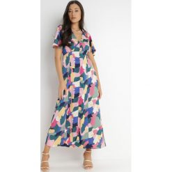 Zielono-Różowa Sukienka Omphesilea. Zielone sukienki damskie Born2be, z aplikacjami, z tkaniny, retro, bez ramiączek. Za 219.99 zł.