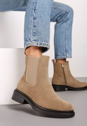 Ciemnobeżowe Klasyczne Botki w Stylu Sztybletów z Imitacji Zamszu Kaivina. Brązowe botki damskie Renee, z jeansu, eleganckie, bez obcasa, na płaskiej podeszwie, bez zapięcia. Za 124.99 zł.