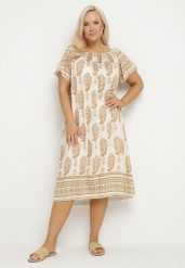 Beżowa Wiskozowa Sukienka ze Wzorem Boho Ellivra. Brązowe sukienki damskie Born2be, z aplikacjami, z jeansu, boho, bez ramiączek. Za 99.99 zł.