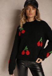 Czarny Prosty Sweter z Domieszką Wełny Ozdobiony Wiśniową Aplikacją Balrinna. Czarne swetry klasyczne damskie Renee, z jeansu, bez kołnierzyka. Za 119.99 zł.