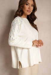 Jasnobeżowy Sweter z Wiskozą i Modalem Ozdobiony Cekinami i Perłami Iveara. Brązowe swetry klasyczne damskie Renee, na zimę, z wiskozy, bez kołnierzyka. Za 99.99 zł.