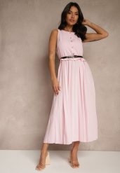 Różowa Plisowana Sukienka o Rozkloszowanym Kroju Bez Rękawów z Paskiem z Klamrą Iffule. Czerwone sukienki damskie Renee, bez wzorów, eleganckie, bez ramiączek. W wyprzedaży za 111.99 zł.