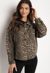 Brązowa Kurtka Jeansowa o Koszulowym Kroju w Panterkowy Print Cesina. Brązowe kurtki damskie Born2be, m, bez wzorów, z jeansu, bez kaptura. Za 74.99 zł.