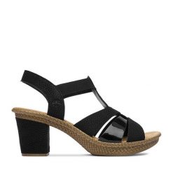 Sandały Rieker. Czarne sandały damskie Rieker, bez wzorów, bez obcasa, na słupku, bez zapięcia. Za 299.99 zł.