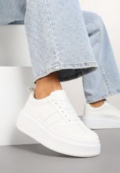Białe Sneakersy Kultowe Tenisówki na Platformie z Koturnem Elisara. Białe obuwie sportowe damskie Born2be, bez wzorów, z jeansu, bez zapięcia. Za 74.99 zł.