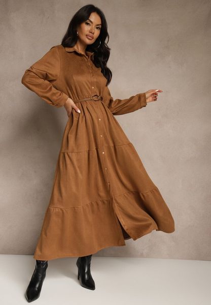 Brązowa Sukienka Koszulowa z Wiskozy Ozdobiona Paskiem Retelsa. Brązowe sukienki damskie Renee, z aplikacjami, z wiskozy, bez ramiączek. Za 159.99 zł.