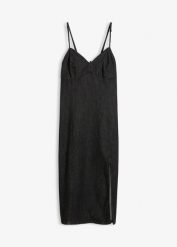 Sukienka jeansowa z rozcięciem. Niebieskie sukienki damskie bonprix, bez wzorów, z jeansu, bez ramiączek. Za 147.99 zł.
