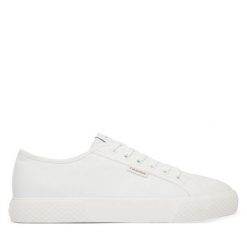 Japonki Tommy Jeans. Białe klapki damskie Tommy Jeans, bez wzorów, z jeansu, bez obcasa, bez zapięcia. Za 329.99 zł.