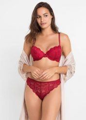 Biustonosz z usztywnianymi miseczkami i stringami z delikatnej koronki (komplet 2-częściowy). Czerwone komplety bielizny bonprix, bez wzorów, z koronki. Za 107.99 zł.