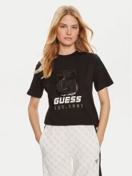 Guess T-Shirt Ines V4YI07 I3Z14 Czarny Regular Fit. Czarne t-shirty damskie Guess, xs, z aplikacjami, z bawełny, bez kołnierzyka. W wyprzedaży za 109.99 zł.