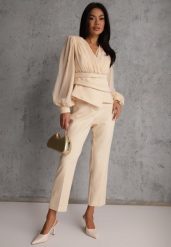 Beżowe Klasyczne Spodnie VICES Garniturowe High Waist Dimaia. Brązowe spodnie materiałowe damskie Renee, bez wzorów, z jeansu. Za 119.99 zł.