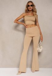 Beżowe Elastyczne Spodnie o Kroju Dzwonów High Waist z Modelującego Materiału Ivolea. Brązowe spodnie materiałowe damskie Renee, bez wzorów, z jeansu. Za 89.99 zł.
