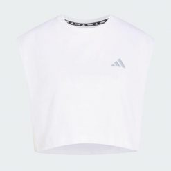 Koszulka adi365 Running Essentials Crop. Białe bluzki damskie Adidas, bez wzorów, sportowe, bez kołnierzyka, bez ramiączek. Za 99.95 zł.