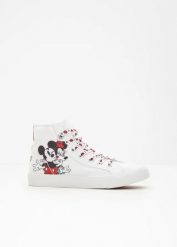 Wysokie sneakersy z Myszką Miki Disneya z bawełnianego płótna. Białe obuwie sportowe casual damskie bonprix, z bawełny, bez zapięcia. Za 169.99 zł.