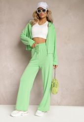 Jasnozielony Komplet Dresowy o Luźnym Kroju Bluza na Suwak z Kapturem i Spodnie Szerokie Ezorila. Zielone bluzy damskie Renee, m, bez wzorów, z dresówki, z kapturem. Za 84.99 zł.