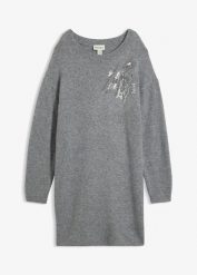 Sukienka dzianinowa z aplikacją. Szare sukienki damskie bonprix, z aplikacjami, z dzianiny, bez ramiączek. Za 169.99 zł.
