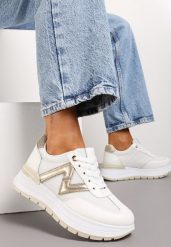 Białe Sneakersy na Grubej Podeszwie z Brokatowym Zdobieniem i Sznurowaniem Lavistes. Białe obuwie sportowe damskie Born2be, z materiału, bez zapięcia. Za 109.99 zł.