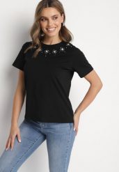 Czarna Bawełniana Bluzka T-shirt Ozdobiona Cyrkoniami Marivista. Czarne bluzki damskie Born2be, l, bez wzorów, z bawełny, bez kołnierzyka. Za 39.99 zł.