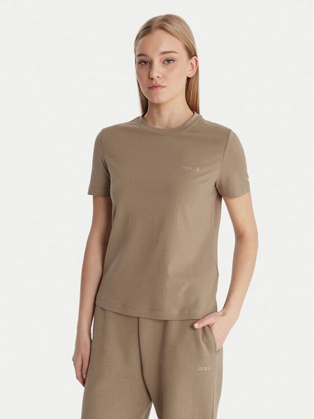 Guess T-Shirt V6RI07 J1314 Beżowy Regular Fit. Brązowe t-shirty damskie Guess, xxs, z aplikacjami, z bawełny, bez kołnierzyka. Za 159.99 zł.