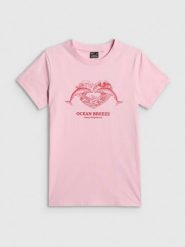 4F T-shirt regular z nadrukiem damski - różowy XS. Czerwone t-shirty damskie 4F, xs, bez wzorów, z bawełny, bez kołnierzyka. Za 59.99 zł.