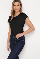 Czarny Dopasowany T-shirt Prążkowany z Marszczeniami po Bokach Minervia. Czarne t-shirty damskie Born2be, m, bez wzorów, prążkowane, bez kołnierzyka. Za 34.99 zł.