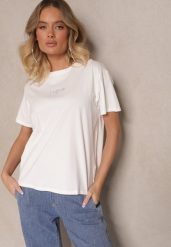 Biały Bawełniany T-shirt z Napisem Marivetha. Białe t-shirty damskie Renee, m, bez wzorów, z bawełny, bez kołnierzyka. Za 29.99 zł.