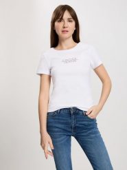 Cross Jeans Koszulka w kolorze białym rozmiar: L. Białe bluzki damskie Cross Jeans, l, bez wzorów, z bawełny, bez kołnierzyka, bez ramiączek. Za 52.67 zł.