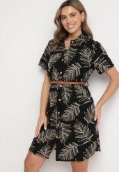 Czarna Koszulowa Sukienka z Bawełny w Liście z Paskiem Eveledia. Czarne sukienki damskie Born2be, bez wzorów, z bawełny, eleganckie, bez ramiączek. W wyprzedaży za 93.49 zł.