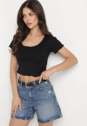 Czarny Bawełniany T-shirt o Dopasowanym Kroju z Guzikami Filareina. Czarne t-shirty damskie Born2be, l, bez wzorów, z bawełny, bez kołnierzyka. Za 34.99 zł.