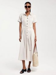 Sukienka damska maxi lniana z wiązaniem w pasie beżowa Okire 800. Brązowe sukienki damskie Big Star, bez wzorów, z wiskozy, eleganckie, bez ramiączek. Za 249.99 zł.