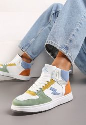 Biało-Zielone Sneakersy Eudala. Białe obuwie sportowe damskie Born2be, z jeansu, bez zapięcia. Za 49.99 zł.