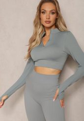 Szara Elastyczna Bluzka na Suwak z Wycięciem przy Ściągaczu Denalla. Szare bluzki damskie Renee, bez wzorów, bez kołnierzyka, bez ramiączek. Za 29.99 zł.