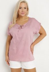 Różowa Bluzka z Haftem i Sznurkiem Przy Dekolcie Mepaya. Czerwone bluzki damskie Born2be, plus size, bez wzorów, eleganckie, bez kołnierzyka, plus size, bez ramiączek. Za 44.99 zł.
