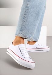 Biało-Czerwone Trampki Vices na Grubszej Podeszwie pod Kostkę Tilomea. Białe obuwie sportowe damskie Born2be, z jeansu, bez zapięcia. Za 39.99 zł.