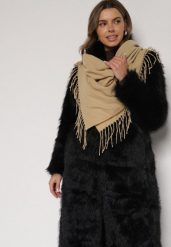 Beżowy Trójkątny Szalik Zdobiony Frędzlami Vetifara. Brązowe szaliki damskie Born2be, na zimę, z aplikacjami, z jeansu. Za 34.99 zł.