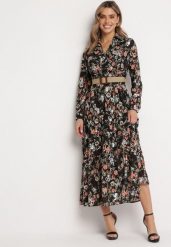 Czarna Rozkloszowana Sukienka Maxi z Kołnierzykiem i Plecionym Paskiem Celline. Czarne sukienki damskie Born2be, z aplikacjami, bez ramiączek. W wyprzedaży za 135.99 zł.